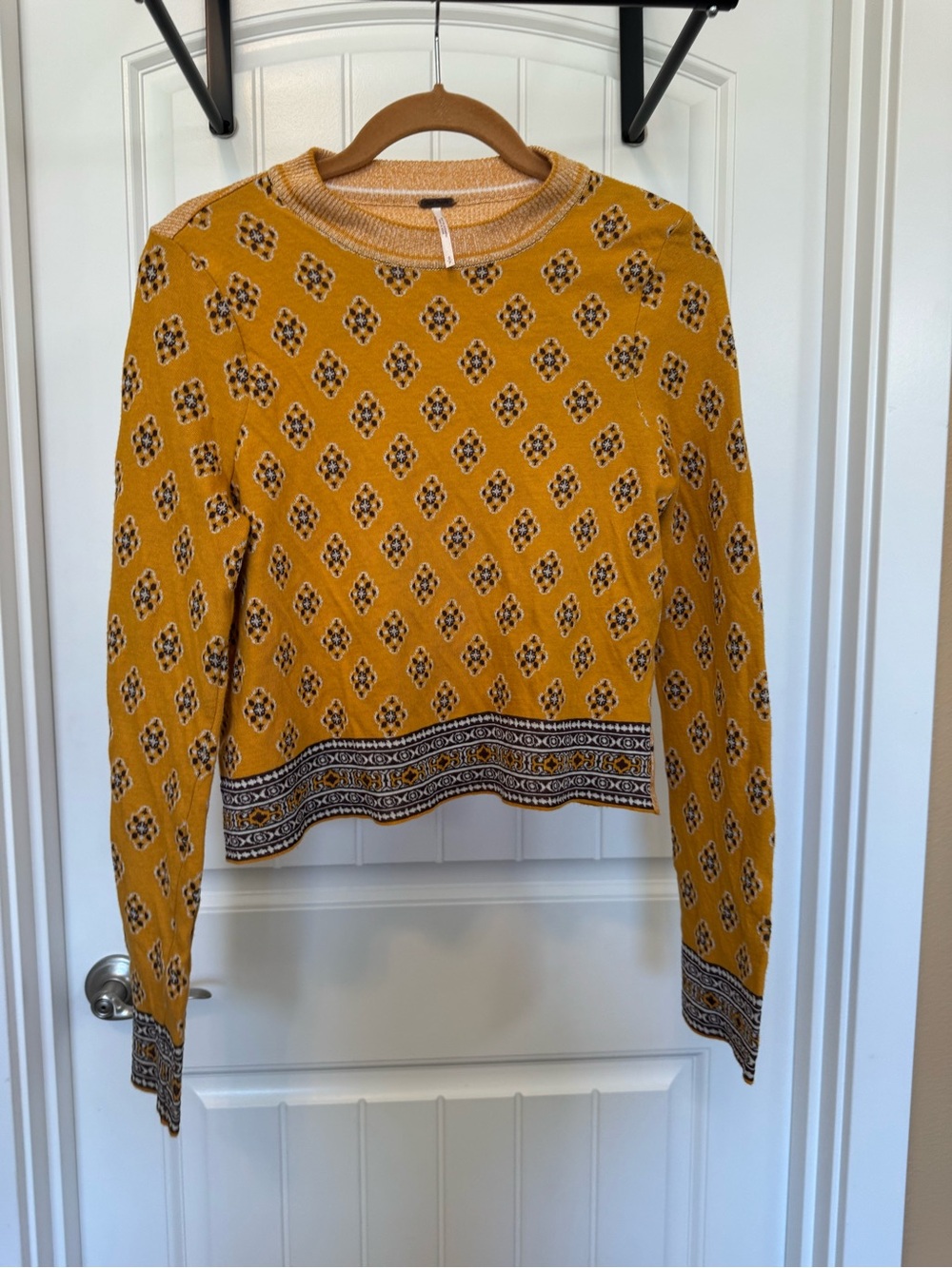 Free People Mustard Patterned Crewneck Sweater